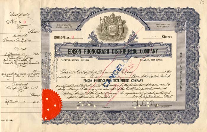 Edison Phonograph Distributing Co. signed by Thomas Edison, Charles Edison and Henry Miller - Stock Certificate